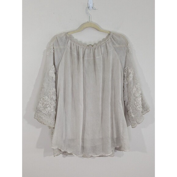 Tempo Paris Ivory Boho Tunic 3D Flowers Sequins Flowy Fairy 3/4 Sleeve Sz L - Picture 10 of 11